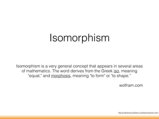 Isomorphism
Isomorphism is a very general concept that appears in several areas
of mathematics. The word derives from the Greek iso, meaning
"equal," and morphosis, meaning "to form" or "to shape.”
wolfram.com
http://mathworld.wolfram.com/Isomorphism.html
 