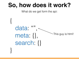 So, how does it work?
What do we get form the api:
{
data: “”,
meta: {},
search: {}
}
This guy is html!
 