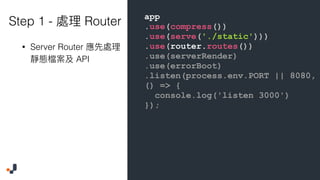app
.use(compress())
.use(serve('./static')))
.use(router.routes())
.use(serverRender)
.use(errorBoot)
.listen(process.env.PORT || 8080,
() => {
console.log('listen 3000')
});
Step 1 - Router
• Server Router
API
 