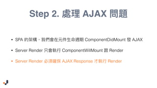 Step 2. AJAX
• SPA ComponentDidMount AJAX
• Server Render ComponentWillMount Render
• Server Render AJAX Response Render
 