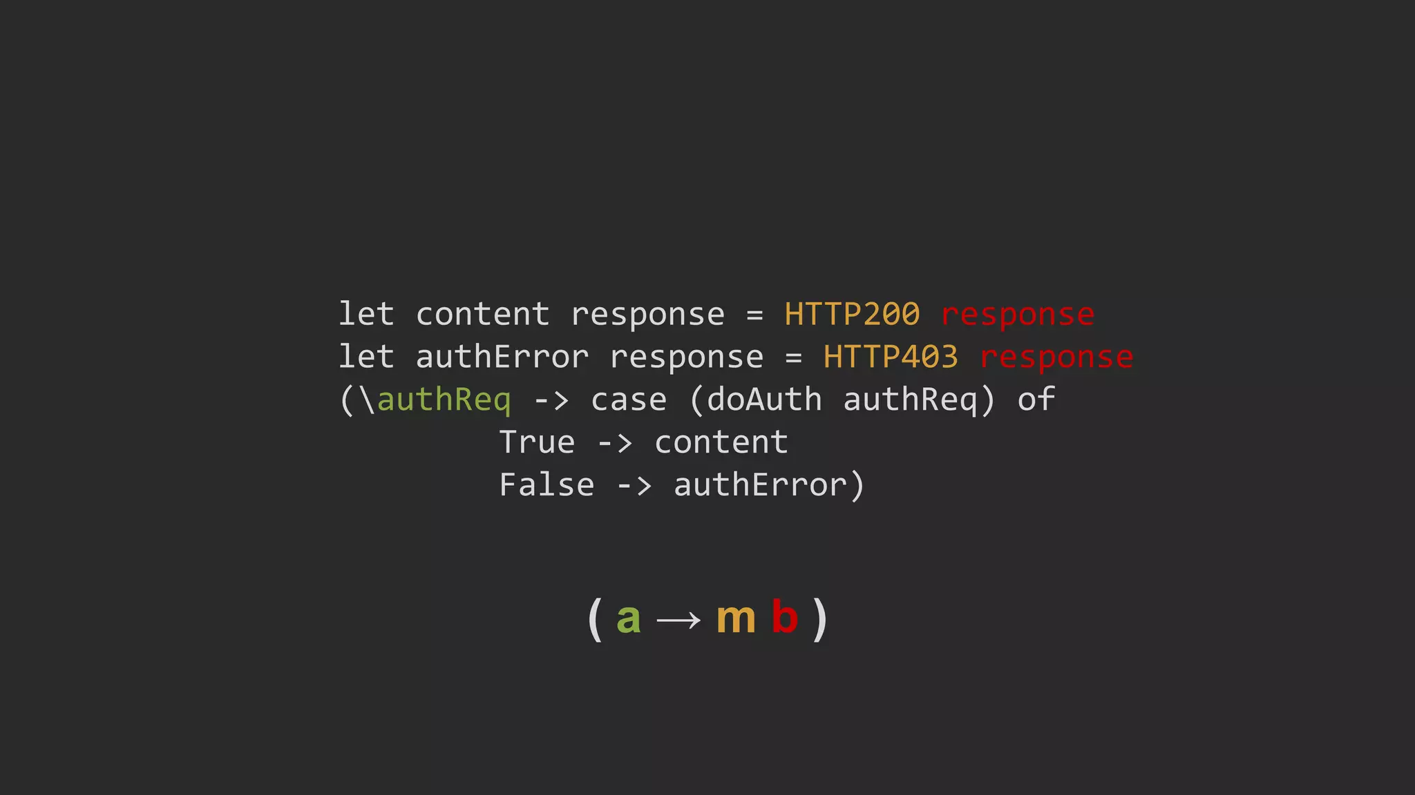 let content response = HTTP200 response
let authError response = HTTP403 response
(authReq -> case (doAuth authReq) of
True -> content
False -> authError)
( a → m b )
 