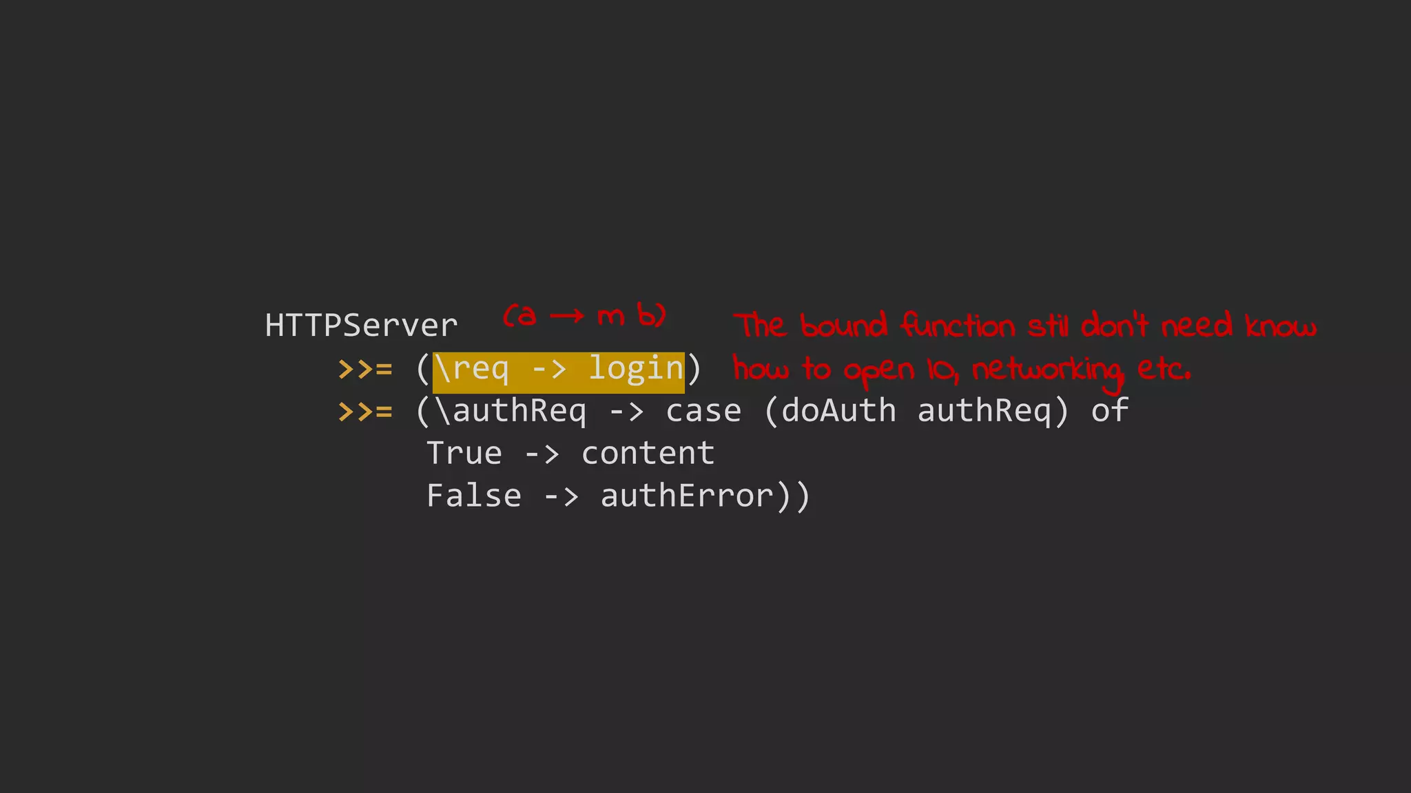HTTPServer
>>= (req -> login)
>>= (authReq -> case (doAuth authReq) of
True -> content
False -> authError))
The bound function stil don't need know
how to open IO, networking, etc.
(a → m b)
 