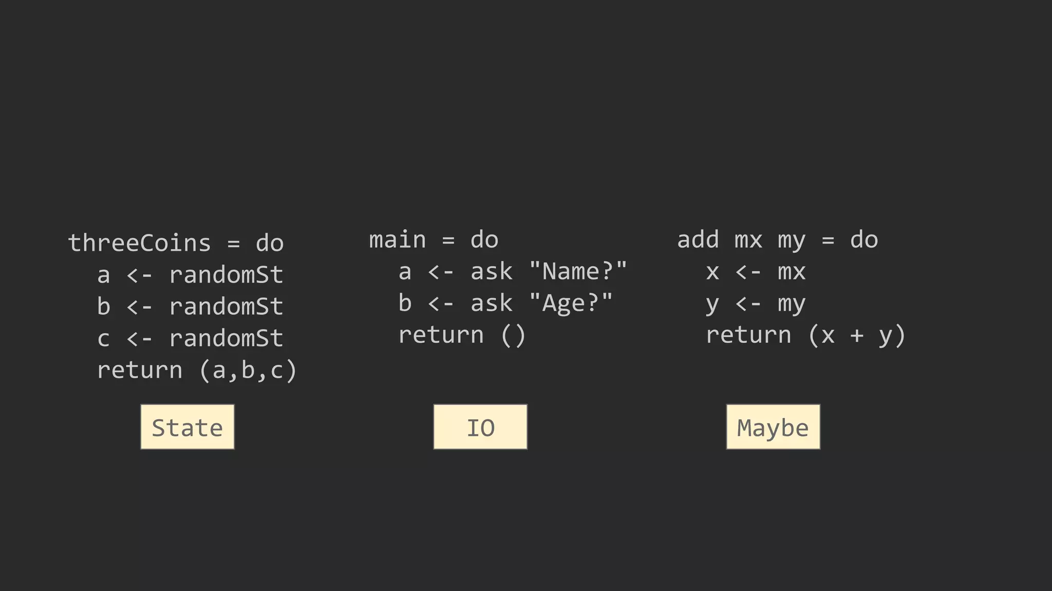 threeCoins = do
a <- randomSt
b <- randomSt
c <- randomSt
return (a,b,c)
main = do
a <- ask "Name?"
b <- ask "Age?"
return ()
IO
add mx my = do
x <- mx
y <- my
return (x + y)
MaybeState
 