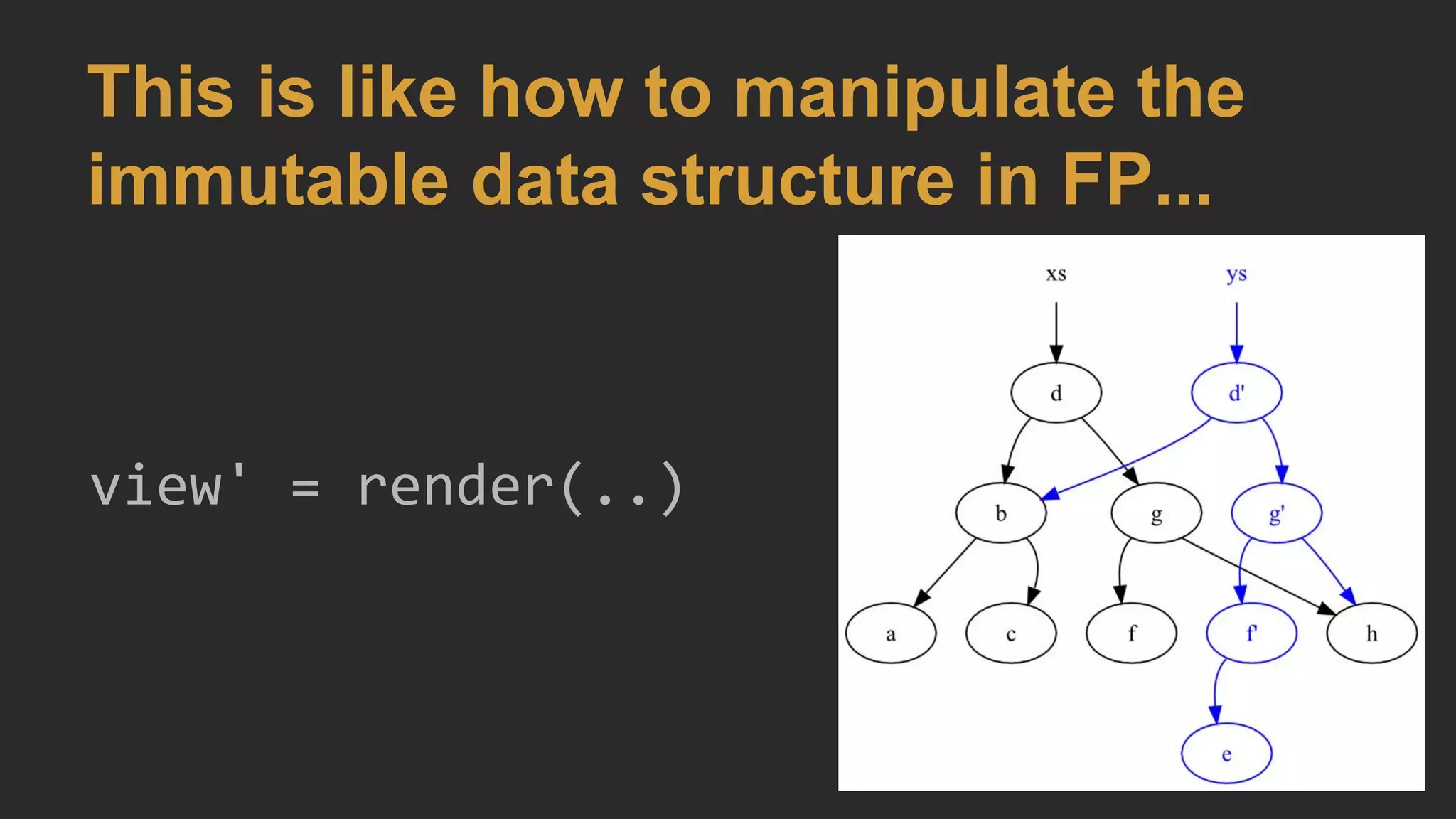 This is like how to manipulate the
immutable data structure in FP...
view' = render(..)
 