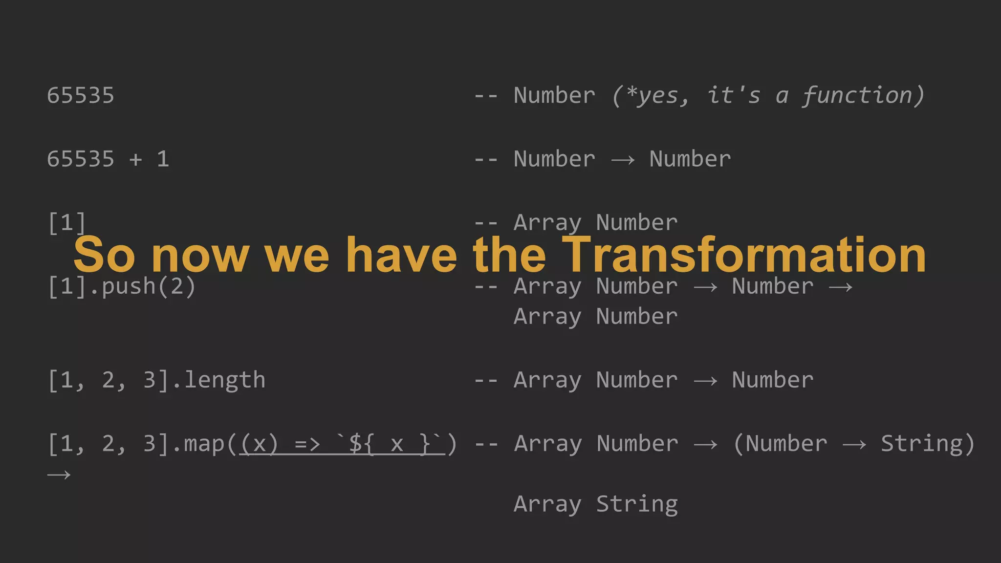 65535 -- Number (*yes, it's a function)
65535 + 1 -- Number → Number
[1] -- Array Number
[1].push(2) -- Array Number → Number →
Array Number
[1, 2, 3].length -- Array Number → Number
[1, 2, 3].map((x) => `${ x }`) -- Array Number → (Number → String)
→
Array String
So now we have the Transformation
 