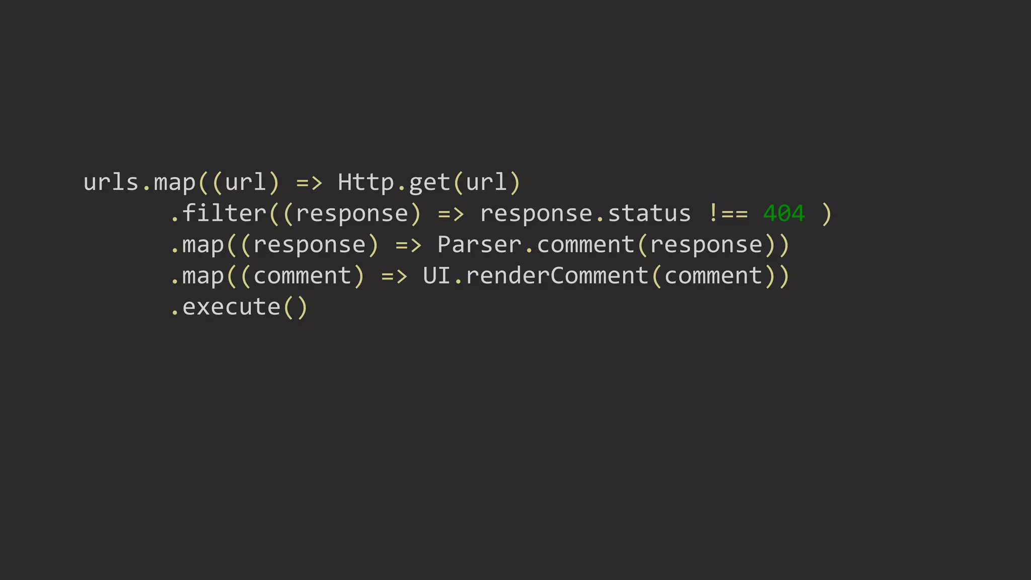 urls.map((url) => Http.get(url)
.filter((response) => response.status !== 404 )
.map((response) => Parser.comment(response))
.map((comment) => UI.renderComment(comment))
.execute()
 
