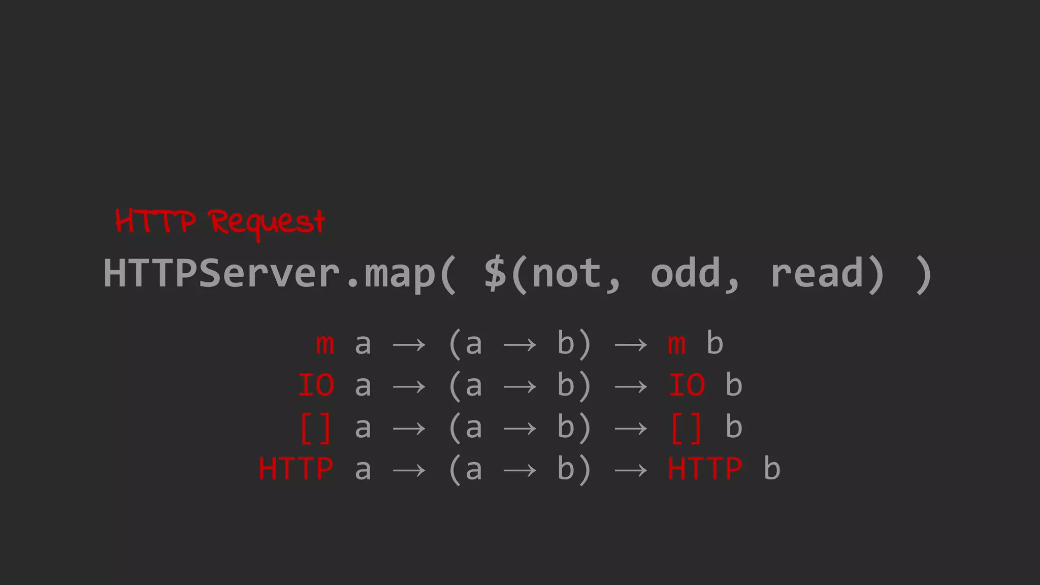 m a → (a → b) → m b
IO a → (a → b) → IO b
[] a → (a → b) → [] b
HTTP a → (a → b) → HTTP b
HTTPServer.map( $(not, odd, read) )
HTTP Request
 