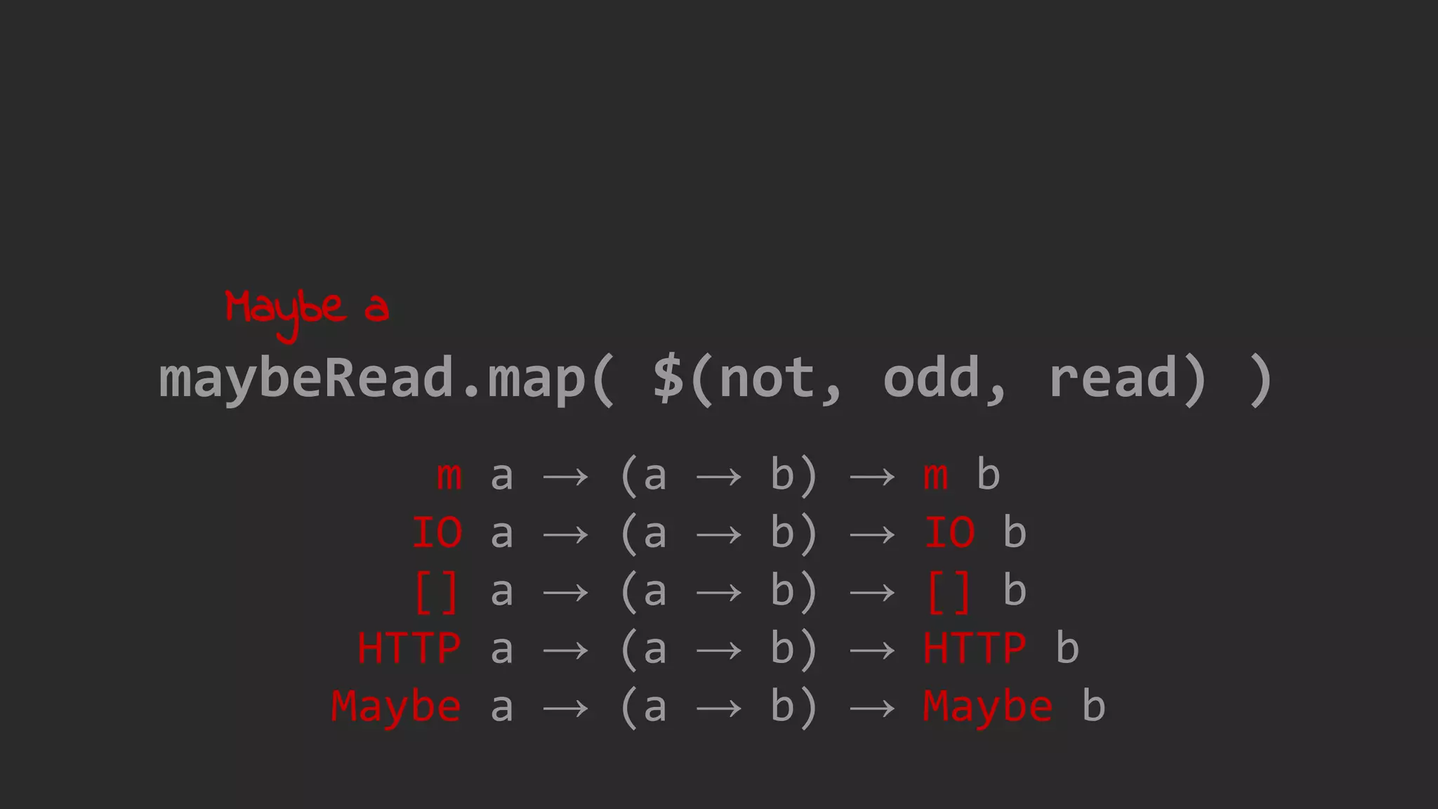m a → (a → b) → m b
IO a → (a → b) → IO b
[] a → (a → b) → [] b
HTTP a → (a → b) → HTTP b
Maybe a → (a → b) → Maybe b
maybeRead.map( $(not, odd, read) )
Maybe a
 