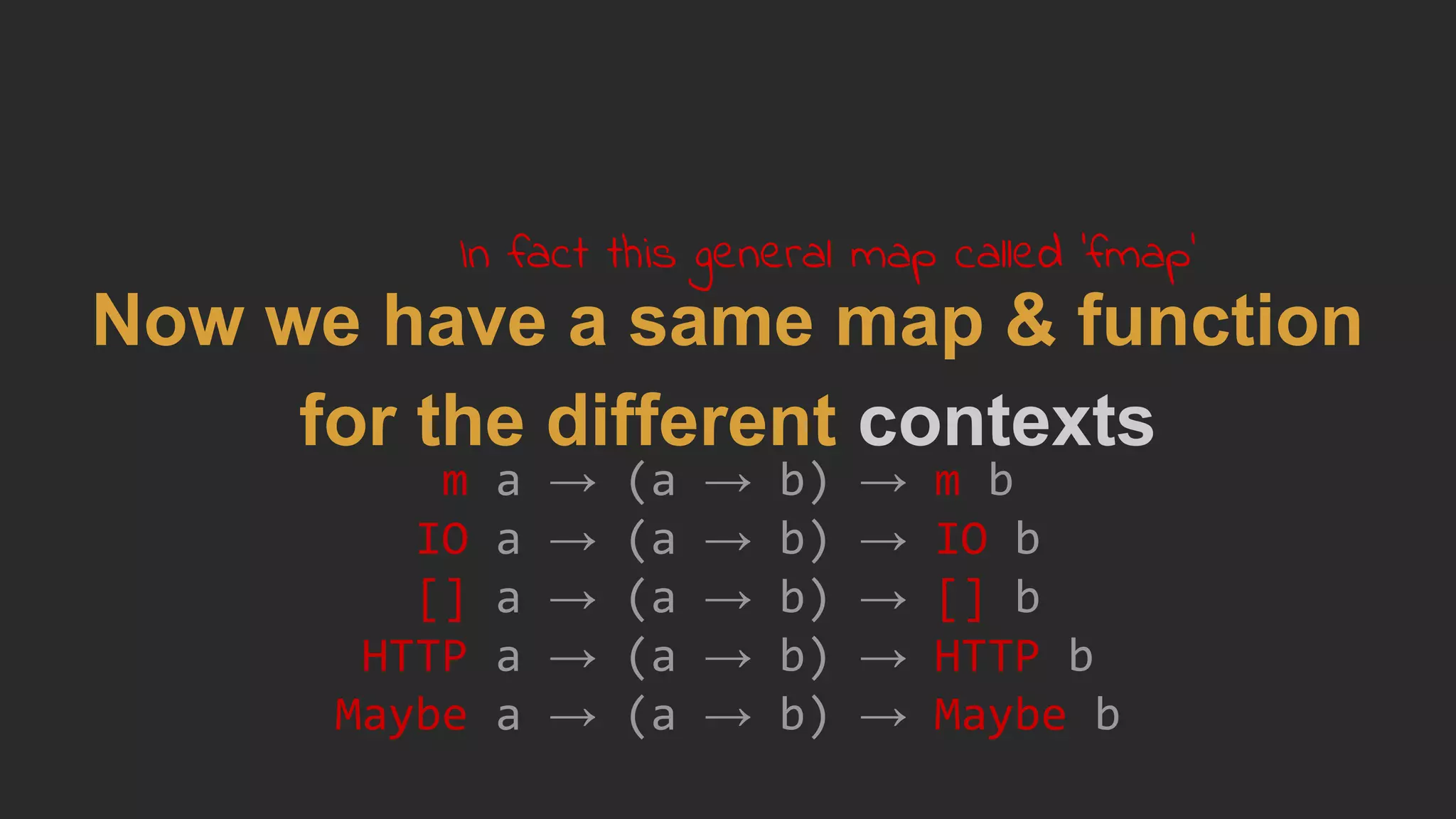 m a → (a → b) → m b
IO a → (a → b) → IO b
[] a → (a → b) → [] b
HTTP a → (a → b) → HTTP b
Maybe a → (a → b) → Maybe b
Now we have a same map & function
for the different contexts
In fact this general map called 'fmap'
 