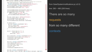 from Gaia/System/notifications.js (v2.0)
line: 290 ~ 490 (200 lines)
There are so many
requests
from so many different
contexts
 