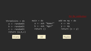 threeCoins = do
a <- randomSt
b <- randomSt
c <- randomSt
return (a,b,c)
main = do
a <- ask "Name?"
b <- ask "Age?"
return ()
IO
add mx my = do
x <- mx
y <- my
return (x + y)
MaybeState
the 'do' notification
 