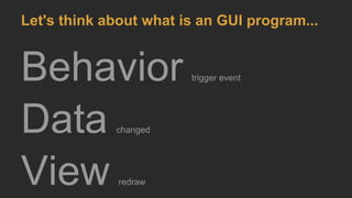 Behavior trigger event
Data changed
View redraw
Let's think about what is an GUI program...
 