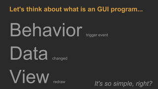 Behavior trigger event
Data changed
View redraw
Let's think about what is an GUI program...
It's so simple, right?
 
