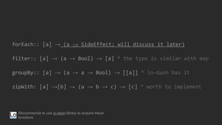forEach:: [a] → (a → SideEffect; will discuss it later)
filter:: [a] → (a → Bool) → [a] * the type is similar with map
groupBy:: [a] → (a → a → Bool) → [[a]] * lo-dash has it
zipWith: [a] →[b] → (a → b → c) → [c] * worth to implement
Recommends to use lo-dash library to acquire these
functions
 