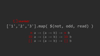 m a → (a → b) → m b
IO a → (a → b) → IO b
[] a → (a → b) → [] b
['1','2','3'].map( $(not, odd, read) )
[ ] Number
 