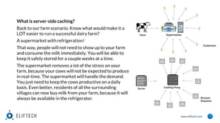 www.eliftech.com
What is server-side caching?
Back to our farm scenario. Know what would make it a
LOT easier to run a successful dairy farm?
A supermarket with refrigeration!
That way, people will not need to show up to your farm
and consume the milk immediately. You will be able to
keep it safely stored for a couple weeks at a time.
The supermarket removes a lot of the stress on your
farm, because your cows will not be expected to produce
in real-time. The supermarket will handle the demand.
You just need to keep the cows productive on a daily
basis. Even better, residents of all the surrounding
villages can now buy milk from your farm, because it will
always be available in the refrigerator.
 