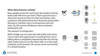 www.eliftech.com
What about browser caching?
Now, people across the country (or the world) can bring
home cold milk from your farm. There’s just one issue—
they have no way to store it in their own homes. Your
customers still need to drink the milk pretty quickly after
they buy it, and then return to the grocery store for
more. So, this system still doesn’t serve customers
particularly well.
The solution? A refrigerator!
With a fridge, you can store the milk locally and avoid a
return trip to the supermarket. In caching terms, we’re
talking about a completely separate location for storing
static assets since it is on the client-side, or on the same
computer as the browser. Our proxy server was located
in a remote location.
 