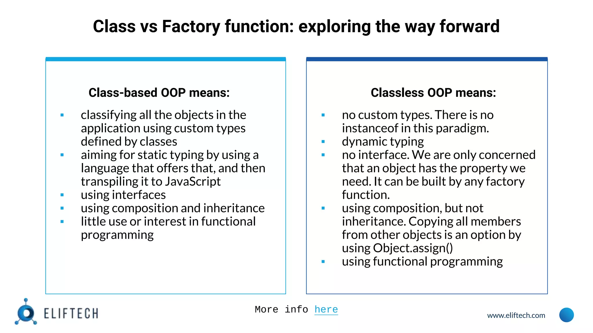 www.eliftech.com
Class vs Factory function: exploring the way forward
Class-based OOP means:
▪ classifying all the objects in the
application using custom types
defined by classes
▪ aiming for static typing by using a
language that offers that, and then
transpiling it to JavaScript
▪ using interfaces
▪ using composition and inheritance
▪ little use or interest in functional
programming
Classless OOP means:
▪ no custom types. There is no
instanceof in this paradigm.
▪ dynamic typing
▪ no interface. We are only concerned
that an object has the property we
need. It can be built by any factory
function.
▪ using composition, but not
inheritance. Copying all members
from other objects is an option by
using Object.assign()
▪ using functional programming
More info here
 