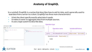 www.eliftech.com
Anatomy of GraphQL
In a nutshell, GraphQL is a syntax that describes how to ask for data, and is generally used to
load data from a server to a client. GraphQL has three main characteristics:
▪ It lets the client specify exactly what data it needs.
▪ It makes it easier to aggregate data from multiple sources.
▪ It uses a type system to describe data.
For more details click here
 