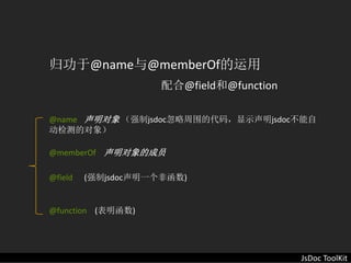 归功于@name与@memberOf的运用
                      配合@field和@function

@name 声明对象 （强制jsdoc忽略周围的代码，显示声明jsdoc不能自
动检测的对象）

@memberOf    声明对象的成员

@field   (强制jsdoc声明一个非函数)  


@function    (表明函数)




                                           JsDoc ToolKit
 