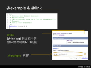 @example & @link




@link  
{@link tag} 到文档中其
他标签说明的html链接



@example  举例


                    JsDoc ToolKit
 