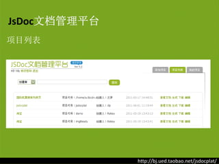 JsDoc文档管理平台
项目列表




              http://bj.ued.taobao.net/jsdocplat/
 