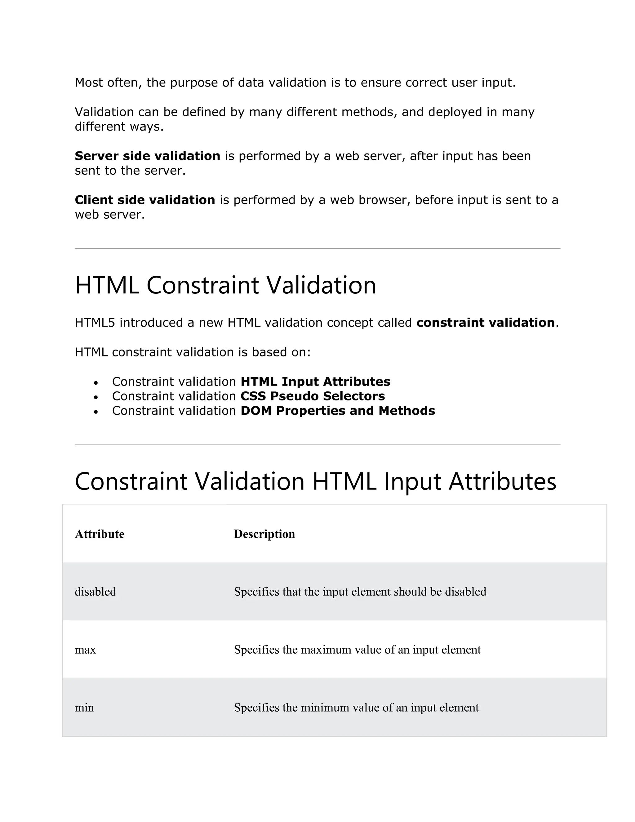 Most often, the purpose of data validation is to ensure correct user input. Validation can be defined by many different methods, and deployed in many different ways. Server side validation is performed by a web server, after input has been sent to the server. Client side validation is performed by a web browser, before input is sent to a web server. HTML Constraint Validation HTML5 introduced a new HTML validation concept called constraint validation. HTML constraint validation is based on:  Constraint validation HTML Input Attributes  Constraint validation CSS Pseudo Selectors  Constraint validation DOM Properties and Methods Constraint Validation HTML Input Attributes Attribute Description disabled Specifies that the input element should be disabled max Specifies the maximum value of an input element min Specifies the minimum value of an input element 