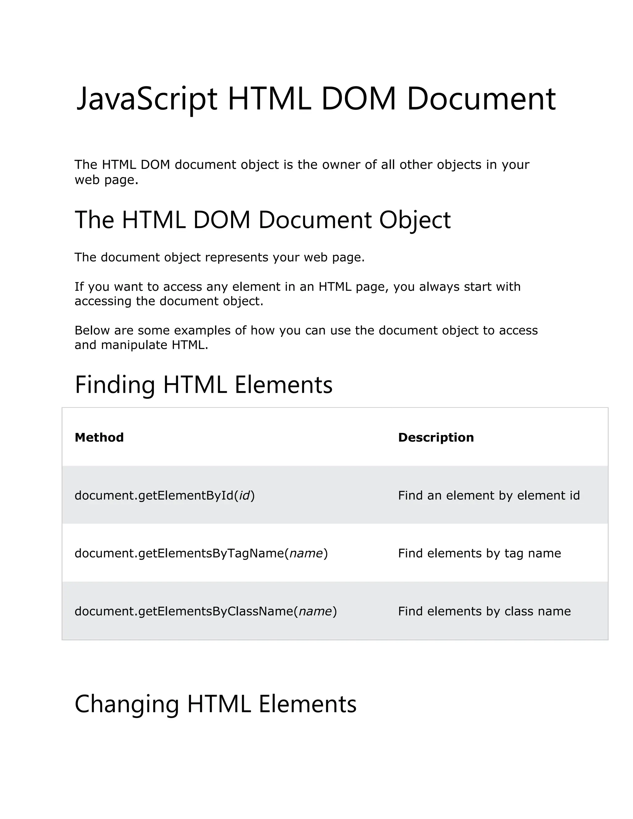 JavaScript HTML DOM Document ❮ PreviousNext ❯ The HTML DOM document object is the owner of all other objects in your web page. The HTML DOM Document Object The document object represents your web page. If you want to access any element in an HTML page, you always start with accessing the document object. Below are some examples of how you can use the document object to access and manipulate HTML. Finding HTML Elements Method Description document.getElementById(id) Find an element by element id document.getElementsByTagName(name) Find elements by tag name document.getElementsByClassName(name) Find elements by class name Changing HTML Elements 