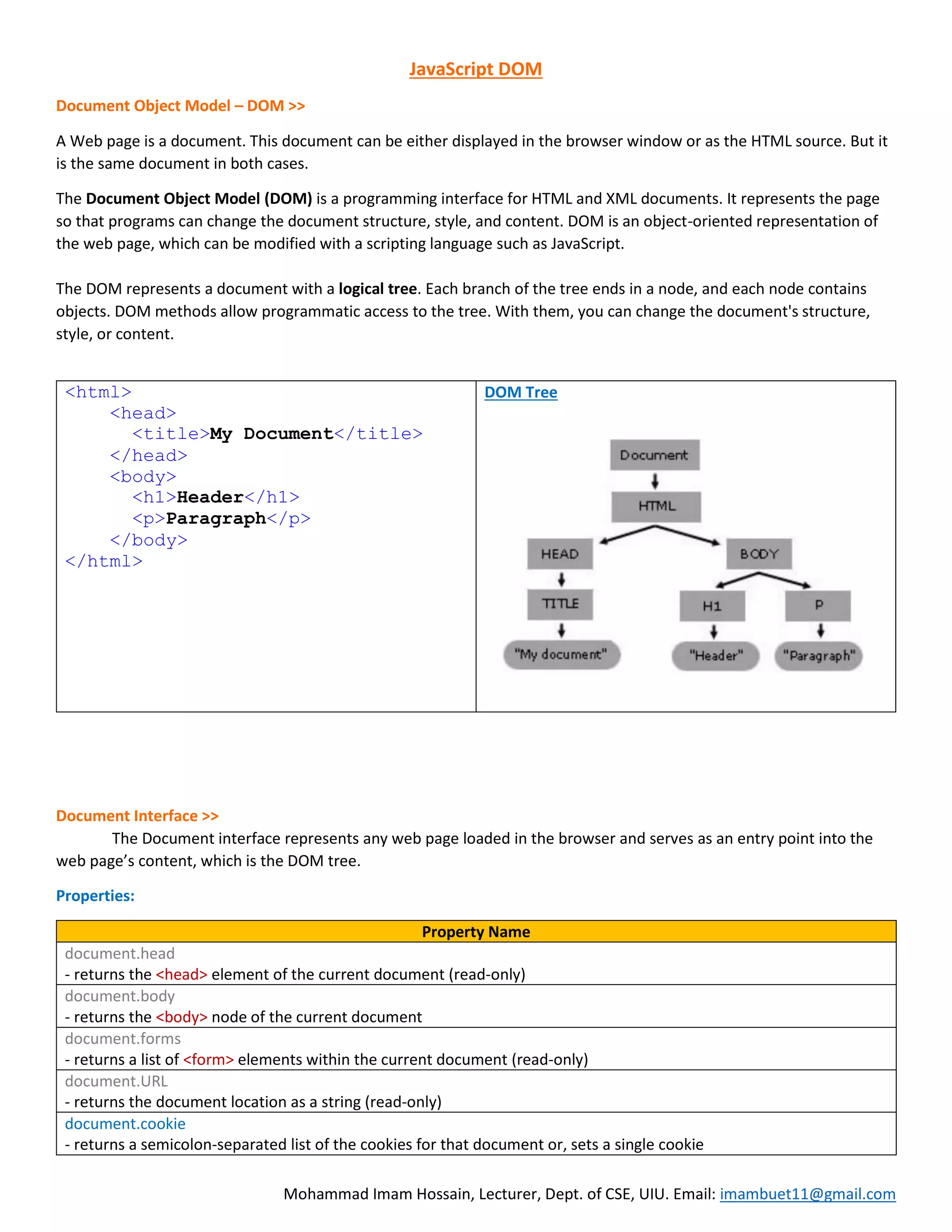 Mohammad Imam Hossain, Lecturer, Dept. of CSE, UIU. Email: imambuet11@gmail.com JavaScript DOM Document Object Model – DOM >> A Web page is a document. This document can be either displayed in the browser window or as the HTML source. But it is the same document in both cases. The Document Object Model (DOM) is a programming interface for HTML and XML documents. It represents the page so that programs can change the document structure, style, and content. DOM is an object-oriented representation of the web page, which can be modified with a scripting language such as JavaScript. The DOM represents a document with a logical tree. Each branch of the tree ends in a node, and each node contains objects. DOM methods allow programmatic access to the tree. With them, you can change the document's structure, style, or content. <html> <head> <title>My Document</title> </head> <body> <h1>Header</h1> <p>Paragraph</p> </body> </html> DOM Tree Document Interface >> The Document interface represents any web page loaded in the browser and serves as an entry point into the web page’s content, which is the DOM tree. Properties: Property Name document.head - returns the <head> element of the current document (read-only) document.body - returns the <body> node of the current document document.forms - returns a list of <form> elements within the current document (read-only) document.URL - returns the document location as a string (read-only) document.cookie - returns a semicolon-separated list of the cookies for that document or, sets a single cookie 