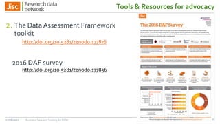 Tools & Resources for advocacy
2. The Data Assessment Framework
toolkit
http://doi.org/10.5281/zenodo.177876
2016 DAF survey
http://doi.org/10.5281/zenodo.177856
27/06/2017 Business Case and Costing for RDM 16
 
