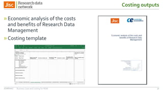 Costing outputs
»Economic analysis of the costs
and benefits of Research Data
Management
»Costing template
27/06/2017 Business Case and Costing for RDM 32
 