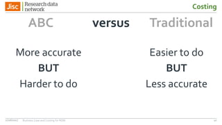 Costing
More accurate
BUT
Harder to do
ABC versus Traditional
Easier to do
BUT
Less accurate
4027/06/2017 Business Case and Costing for RDM
 