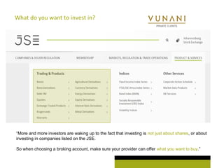 What do you want to invest in? 
“More and more investors are waking up to the fact that investing is not just about shares, or about 
investing in companies listed on the JSE. 
So when choosing a broking account, make sure your provider can offer what you want to buy.” 
 
