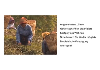 Angemessene Löhne
Gewerkschaftlich organisiert
Kostenfreies Wohnen
Schulbesuch für Kinder möglich
Medizinische Versorgung
Altersgeld
 