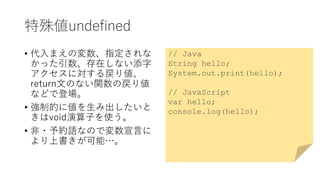 特殊値undefined
• 代入まえの変数、指定されな
かった引数、存在しない添字
アクセスに対する戻り値、
return文のない関数の戻り値
などで登場。
• 強制的に値を生み出したいと
きはvoid演算子を使う。
• 非・予約語なので変数宣言に
より上書きが可能…。
// Java
String hello;
System.out.print(hello);
// JavaScript
var hello;
console.log(hello);
 