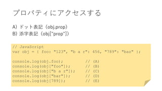 プロパティにアクセスする
A) ドット表記（obj.prop）
B) 添字表記（obj["prop"]）
// JavaScript
var obj = { foo: "123", "b a r": 456, "789": "baz" };
console.log(obj.foo); // (A)
console.log(obj["foo"]); // (B)
console.log(obj["b a r"]); // (C)
console.log(obj["bar"]); // (D)
console.log(obj[789]); // (E)
 