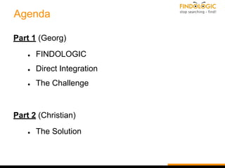 Agenda
Part 1 (Georg)
● FINDOLOGIC
● Direct Integration
● The Challenge
Part 2 (Christian)
● The Solution
 