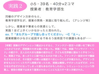 小5・39名・40分 2コマ
授業者：教育学部生1
実践２
同様のデザイン方針のもと、
教育学部学生が、授業の開発・実践に取り組んだ。（アレンジ有）
しかし、授業者や筆者らの実感として、
実践１ほど上手くいかなかったと思われた。
ex. T「またグループで話し合ってください」→C「えー」
授業経験の少なさに起因するであろう技術面での課題もあるが……
【考察】授業のデザインという観点からすると、ファンタジー設定への誘いを丁寧に行
ったかどうかが、両授業の大きな違いであった。実践１では、映画『インサイド・ヘッ
ド』の紹介や、主人公の大きな画像の提示など、子どもを世界観に誘おうと手をつくし
た。実践２では、あっさりと口頭で伝えるのみであった。ファンタジー設定の中で議論
をさせるならば、その設定への誘いは徹底すべきということが示唆された。デザイン方
針をもとにつくったモデル授業があったため、授業は構想しやすかったはずだが、かた
ちをなぞるだけになってしまった面もあるのかもしれない。シミュレーションという形
態上、普段の授業ではあまり重視されないことにも注力すべきと示唆された。
 