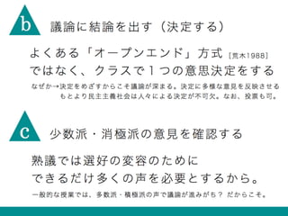 議論に結論を出す（決定する）
よくある「オープンエンド」方式
ではなく、クラスで１つの意思決定をする
なぜか→決定をめざすからこそ議論が深まる。決定に多様な意見を反映させる
    もとより民主主義社会は人々による決定が不可欠。なお、投票も可。
b
［荒木1988］
少数派・消極派の意見を確認する
熟議では選好の変容のために
できるだけ多くの声を必要とするから。
c
一般的な授業では、多数派・積極派の声で議論が進みがち？ だからこそ。
 