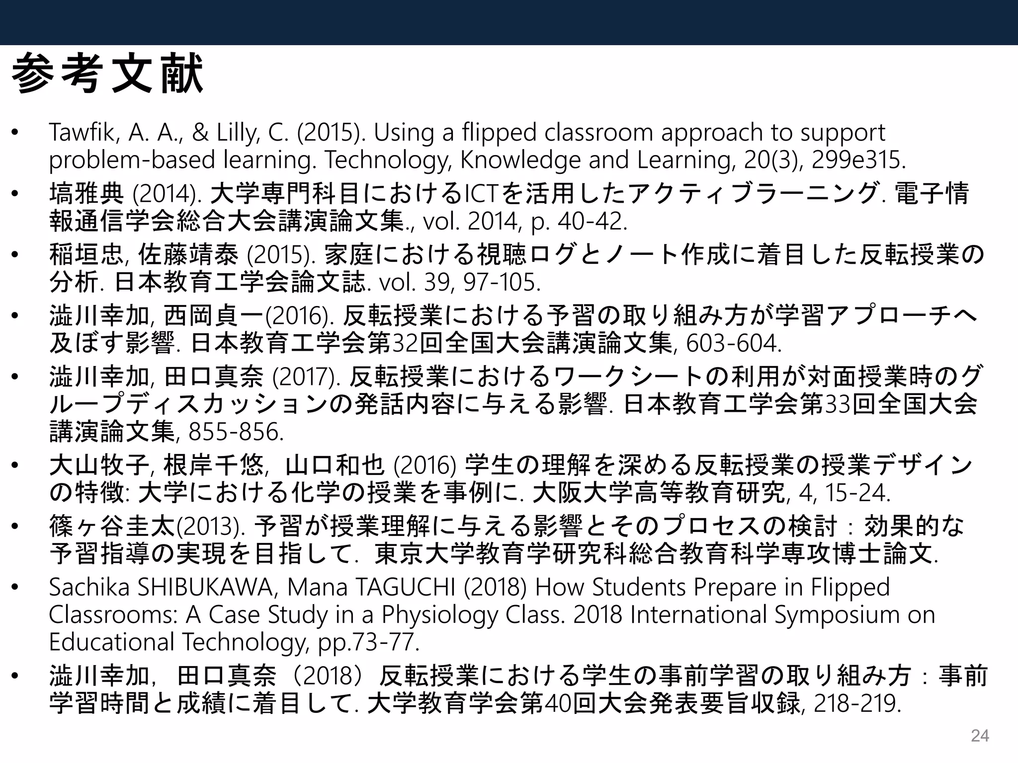 24
• Tawfik, A. A., & Lilly, C. (2015). Using a flipped classroom approach to support
problem-based learning. Technology, Knowledge and Learning, 20(3), 299e315.
• 塙雅典 (2014). 大学専門科目におけるICTを活用したアクティブラーニング. 電子情
報通信学会総合大会講演論文集., vol. 2014, p. 40-42.
• 稲垣忠, 佐藤靖泰 (2015). 家庭における視聴ログとノート作成に着目した反転授業の
分析. 日本教育工学会論文誌. vol. 39, 97-105.
• 澁川幸加, 西岡貞一(2016). 反転授業における予習の取り組み方が学習アプローチへ
及ぼす影響. 日本教育工学会第32回全国大会講演論文集, 603-604.
• 澁川幸加, 田口真奈 (2017). 反転授業におけるワークシートの利用が対面授業時のグ
ループディスカッションの発話内容に与える影響. 日本教育工学会第33回全国大会
講演論文集, 855-856.
• 大山牧子, 根岸千悠, 山口和也 (2016) 学生の理解を深める反転授業の授業デザイン
の特徴: 大学における化学の授業を事例に. 大阪大学高等教育研究, 4, 15-24.
• 篠ヶ谷圭太(2013). 予習が授業理解に与える影響とそのプロセスの検討：効果的な
予習指導の実現を目指して. 東京大学教育学研究科総合教育科学専攻博士論文.
• Sachika SHIBUKAWA, Mana TAGUCHI (2018) How Students Prepare in Flipped
Classrooms: A Case Study in a Physiology Class. 2018 International Symposium on
Educational Technology, pp.73-77.
• 澁川幸加，田口真奈（2018）反転授業における学生の事前学習の取り組み方：事前
学習時間と成績に着目して. 大学教育学会第40回大会発表要旨収録, 218-219.
参考文献
 