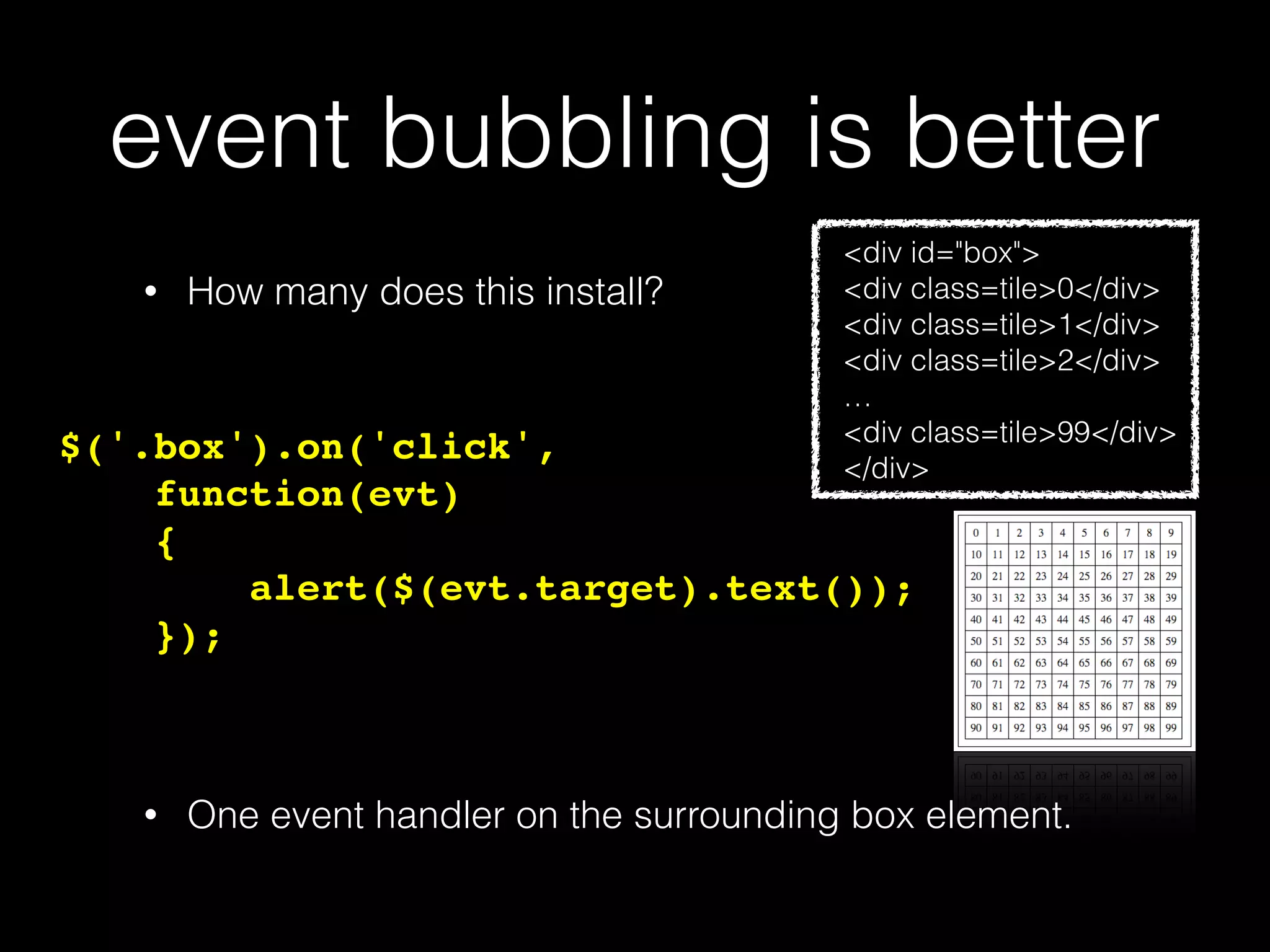 too many event handlers? $('.tile').click( function() { alert($(this).text()); }); • 100 click handlers, one for every Tile Element. <div id="box"> <div class=tile>0</div> <div class=tile>1</div> <div class=tile>2</div> … <div class=tile>99</div> </div> • How many does this install? 