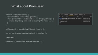 What about Promises?
function sleep(miliseconds) {
var currentTime = new Date().getTime();
while (currentTime + miliseconds >= new Date().getTime()) {
console.log('Doing some work (occupying the stack)...');
}
}
setTimeout(() => console.log('Timeout fires'), 0);
var p = new Promise((resolve, reject) => resolve());
sleep(200);
p.then(() => console.log('Promise resolved'));
 