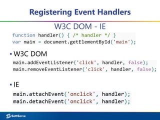 Registering Event Handlers
W3C DOM - IE
▪ W3C DOM
▪ IE
 