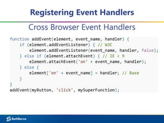 Registering Event Handlers
Cross Browser Event Handlers
 