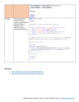 Mohammad Imam Hossain, Lecturer, Dept. of CSE, UIU. Email: imambuet11@gmail.com
"+event.pageX+","+event.pageY+" Offset X and Y:
"+event.offsetX+","+event.offsetY;
}
</script>
</body>
</html>
change The change event is
fired for <input>,
<select>, and <textarea>
elements when an
alteration to the
element's value is
committed by the user.
<!DOCTYPE html>
<html>
<body>
<p>Select a new car from the list.</p>
<select id="mySelect" onchange="myFunction()">
<option value="Audi">Audi</option>
<option value="BMW">BMW</option>
<option value="Mercedes">Mercedes</option>
<option value="Volvo">Volvo</option>
</select>
<p>When you select a new car, a function is triggered
which outputs the value of the selected car.</p>
<p id="demo"></p>
<script>
function myFunction() {
var x = document.getElementById("mySelect").value;
document.getElementById("demo").innerHTML = "You
selected: " + x;
}
</script>
</body>
</html>
References:
1. https://developer.mozilla.org/en-US/docs/Web/Events
2. https://www.w3schools.com/jsref/dom_obj_event.asp
 