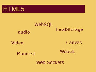 HTML5
localStorage
WebSQL
Manifest
Video Canvas
audio
Web Sockets
WebGL
 