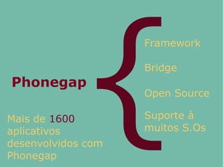 {
Framework
Bridge
Open Source
Phonegap
Suporte à
muitos S.Os
Mais de 1600
aplicativos
desenvolvidos com
Phonegap
 