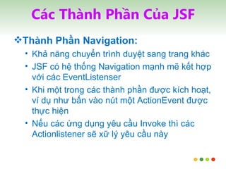 Các Thành Phần Của JSF Thành Phần Navigation: Khả năng chuyển trình duyệt sang trang khác JSF có hệ thống Navigation mạnh mẽ kết hợp với các EventListenser Khi một trong các thành phần được kích hoạt, ví dụ như bấn vào nút một ActionEvent được thực hiện Nếu các ứng dụng yêu cầu Invoke thì các Actionlistener sẽ xữ lý yêu cầu này 