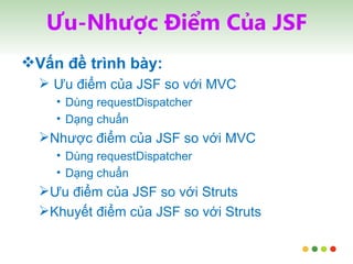 Ưu-Nhược Điểm Của JSF Vấn đề trình bày: Ưu điểm của JSF so với MVC Dùng requestDispatcher Dạng chuẩn Nhược điểm của JSF so với MVC Dùng requestDispatcher Dạng chuẩn Ưu điểm của JSF so với Struts Khuyết điểm của JSF so với Struts 