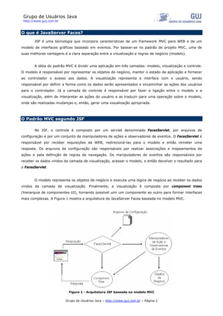 Grupo de Usuários Java
 http://www.guj.com.br



O que é JavaServer Faces?

       JSF é uma tecnologia que incorpora características de um framework MVC para WEB e de um
modelo de interfaces gráficas baseado em eventos. Por basear-se no padrão de projeto MVC, uma de
suas melhores vantagens é a clara separação entre a visualização e regras de negócio (modelo).


       A idéia do padrão MVC é dividir uma aplicação em três camadas: modelo, visualização e controle.
O modelo é responsável por representar os objetos de negócio, manter o estado da aplicação e fornecer
ao controlador o acesso aos dados. A visualização representa a interface com o usuário, sendo
responsável por definir a forma como os dados serão apresentados e encaminhar as ações dos usuários
para o controlador. Já a camada de controle é responsável por fazer a ligação entre o modelo e a
visualização, além de interpretar as ações do usuário e as traduzir para uma operação sobre o modelo,
onde são realizadas mudanças e, então, gerar uma visualização apropriada.



O Padrão MVC segundo JSF

       No JSF, o controle é composto por um servlet denominado FacesServlet, por arquivos de
configuração e por um conjunto de manipuladores de ações e observadores de eventos. O FacesServlet é
responsável por receber requisições da WEB, redirecioná-las para o modelo e então remeter uma
resposta. Os arquivos de configuração são responsáveis por realizar associações e mapeamentos de
ações e pela definição de regras de navegação. Os manipuladores de eventos são responsáveis por
receber os dados vindos da camada de visualização, acessar o modelo, e então devolver o resultado para
o FacesServlet.


       O modelo representa os objetos de negócio e executa uma lógica de negócio ao receber os dados
vindos da camada de visualização. Finalmente, a visualização é composta por component trees
(hierarquia de componentes UI), tornando possível unir um componente ao outro para formar interfaces
mais complexas. A Figura 1 mostra a arquitetura do JavaServer Faces baseada no modelo MVC.




                           Figura 1 - Arquitetura JSF baseada no modelo MVC

                         Grupo de Usuários Java – http://www.guj.com.br – Página 2
 